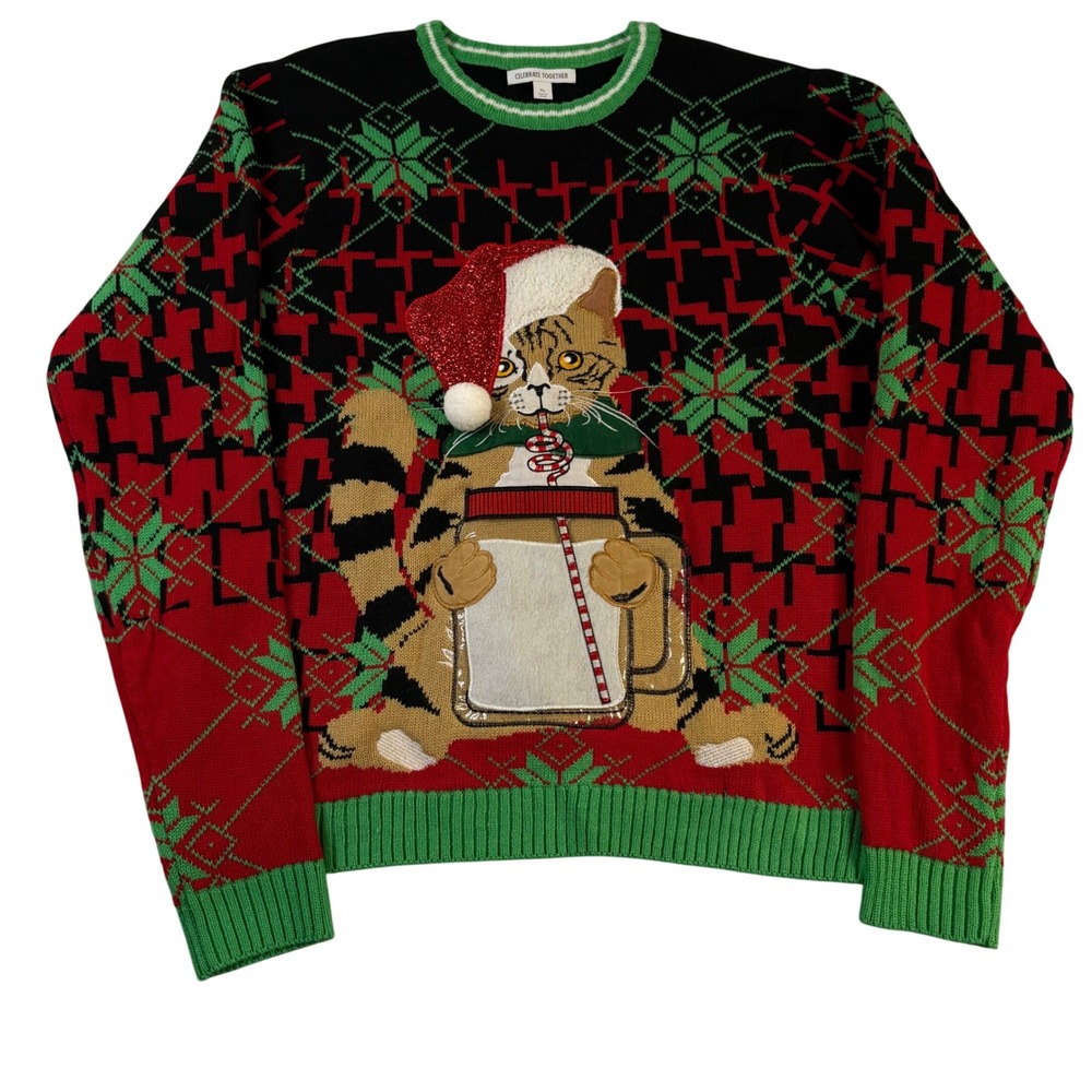 Celebrate Together Men's XL Ugly Christmas Sweater Cat Drinking Pocket 3D NWT